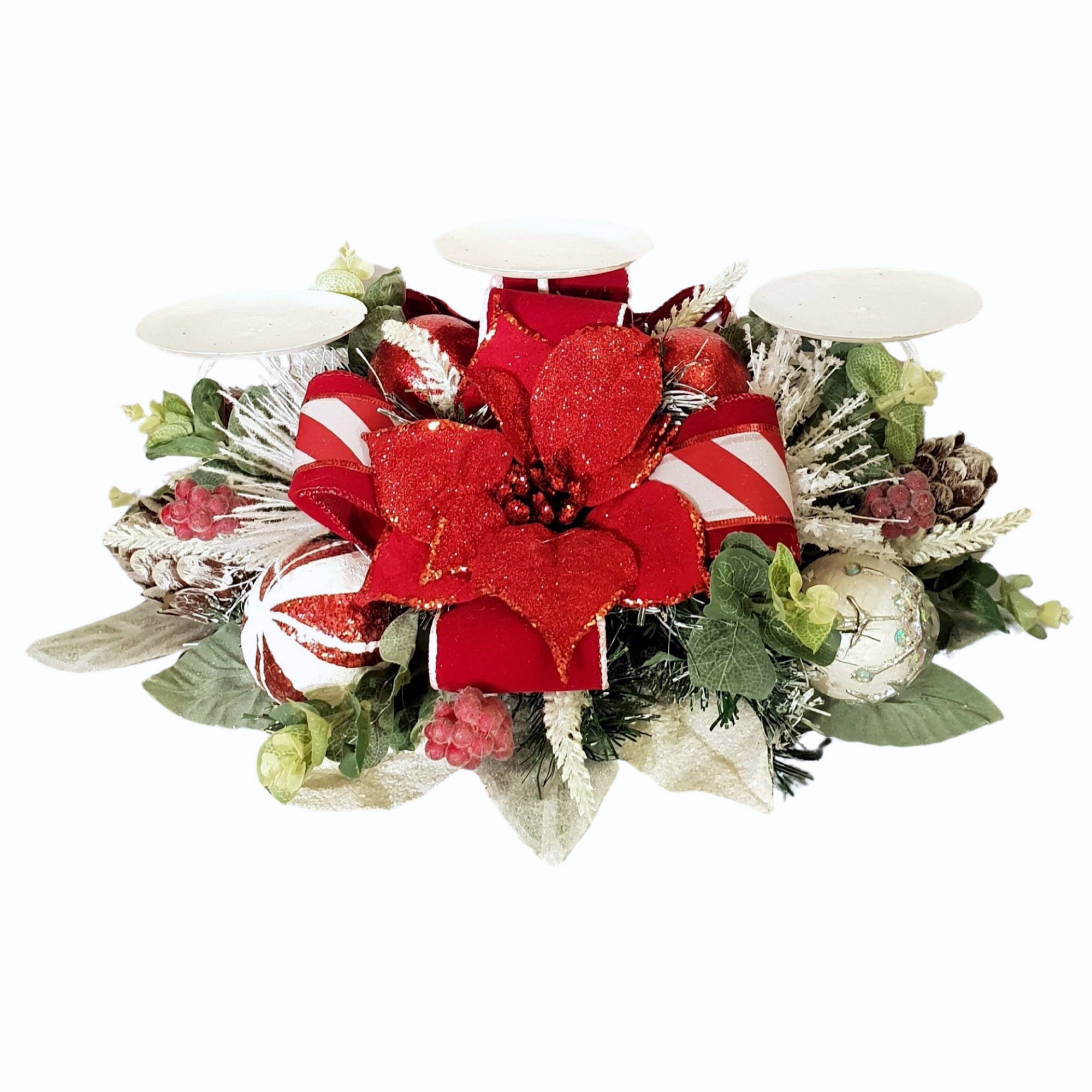 Frosted Red Poinsettia Tabletop Candelabra Holiday Tree