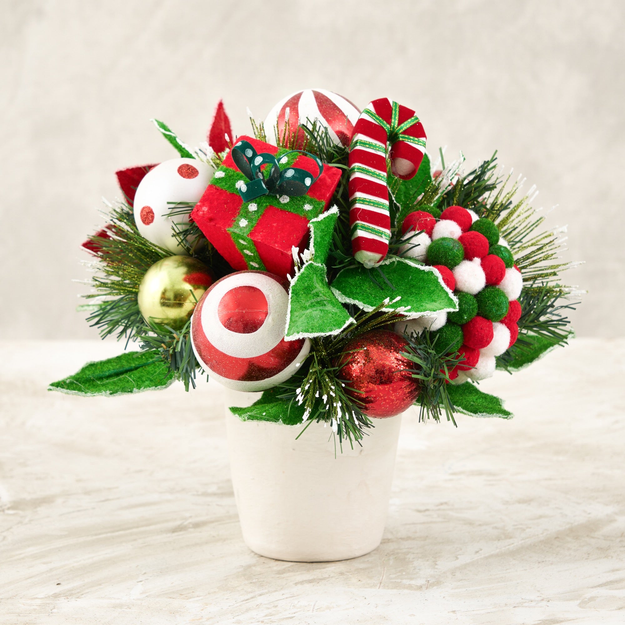 Handmade Peppermint Swirl Arrangement 11 inch, Red White Green Christmas Side Table Decor, Candy Themed Holiday Table Centerpiece, Festive Holiday Gift Decoration