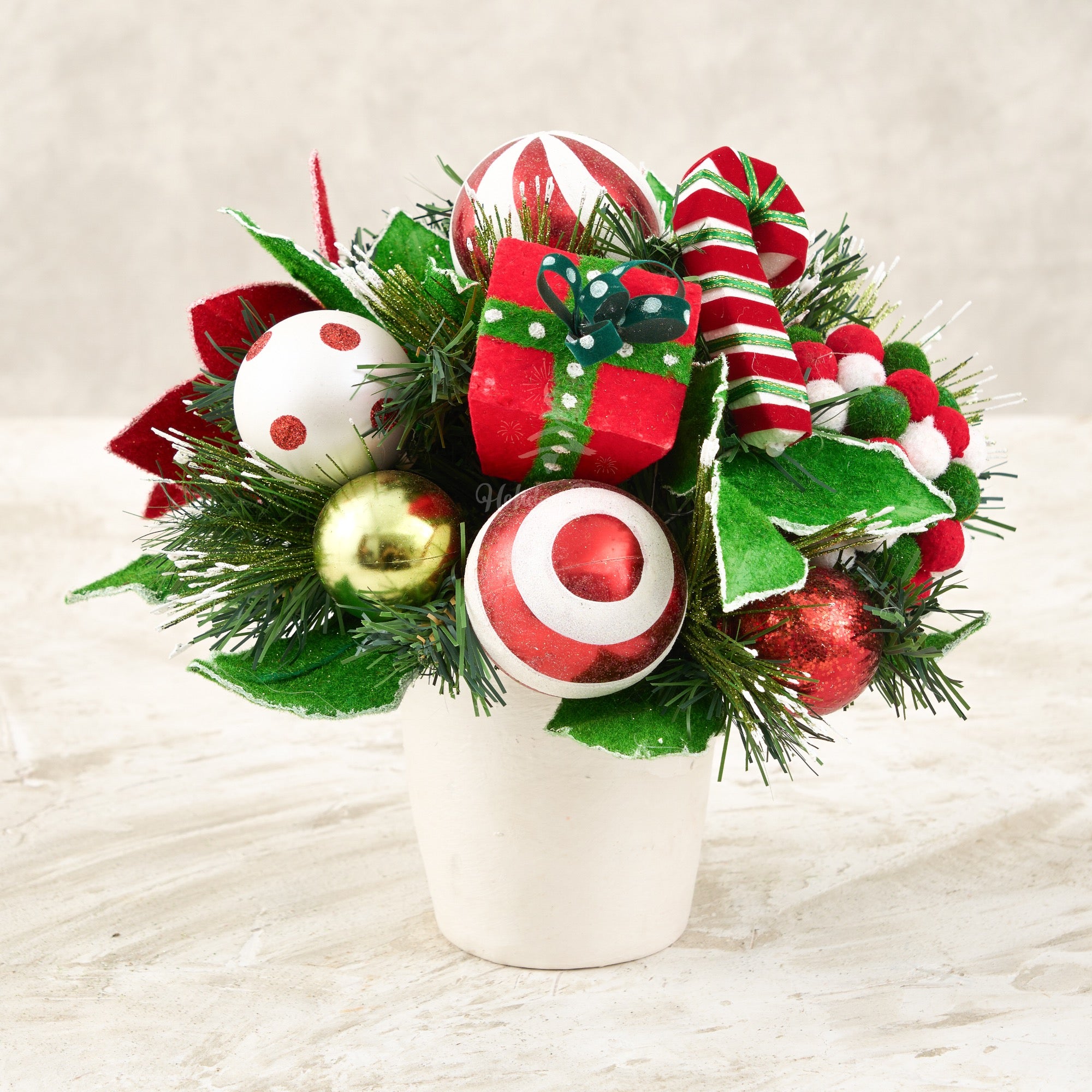 Handmade Peppermint Swirl Arrangement 11 inch, Red White Green Christmas Side Table Decor, Candy Themed Holiday Table Centerpiece, Festive Holiday Gift Decoration