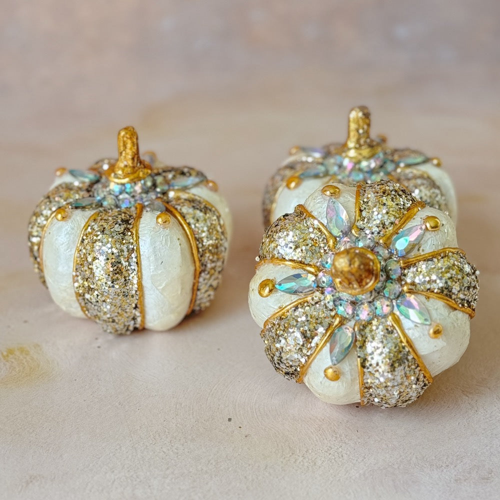 Capiz Ivory Jeweled Pumpkin | Mini | Set of 3 – Holiday Tree