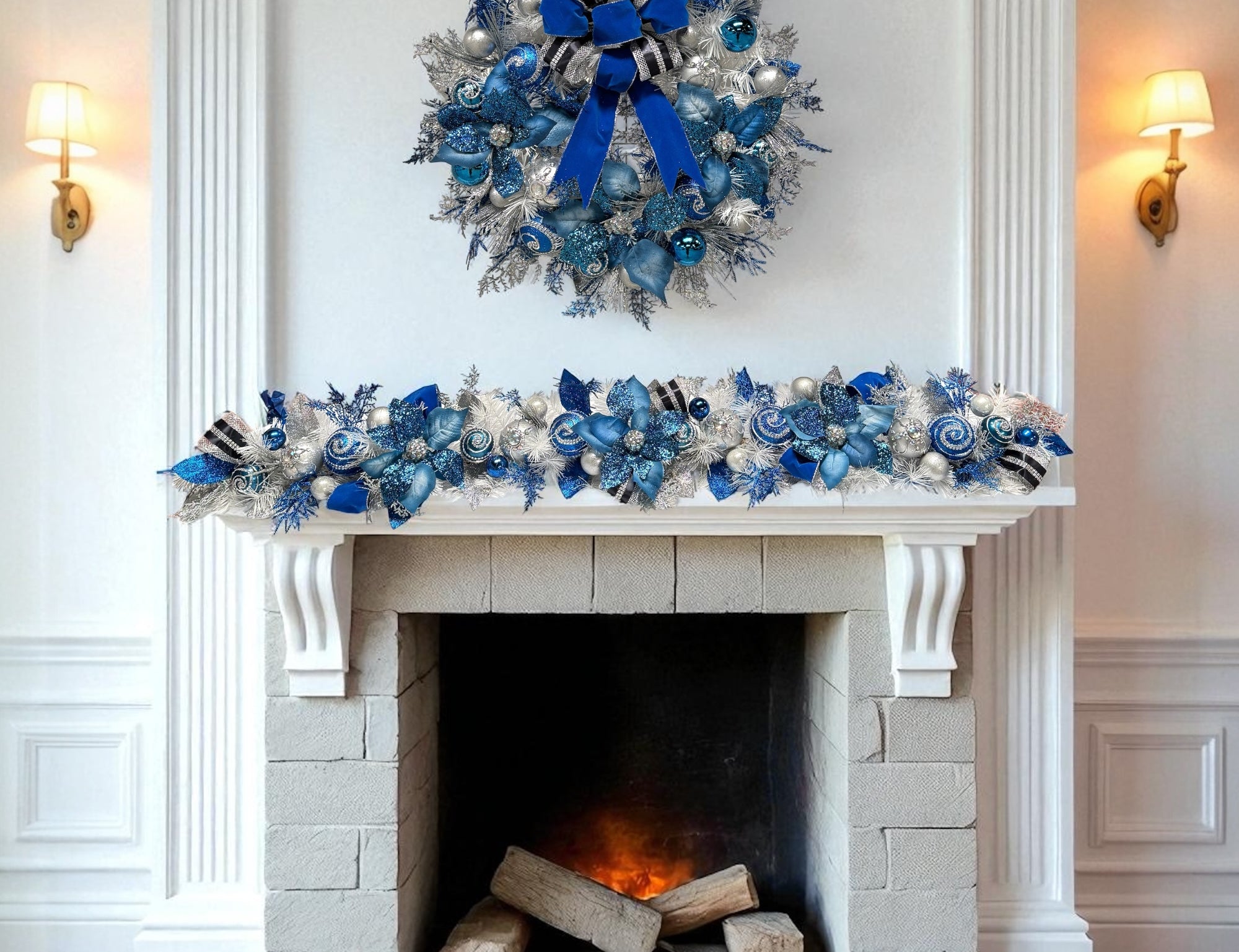 Lux Blue Silver Christmas Garland with jeweled ornaments, blue velvet ribbon, faux poinsettias, and glitter foliage – handcrafted holiday décor for mantle or doorway.