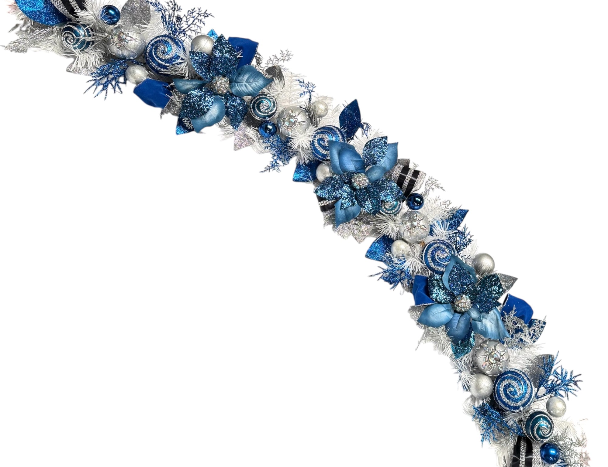Lux Blue Silver Christmas Garland with jeweled ornaments, blue velvet ribbon, faux poinsettias, and glitter foliage – handcrafted holiday décor for mantle or doorway.
