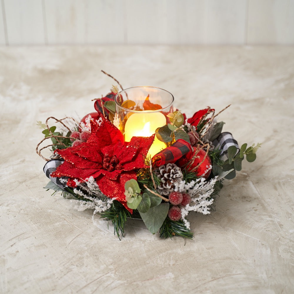 Red Poinsettia Hurricane Candle holder with Red and White Buffalo Check Ribbon
