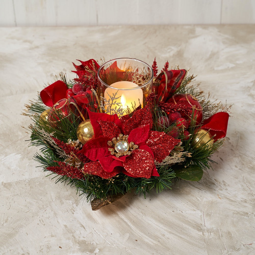 Red Poinsettia Hurricane Candle Holder