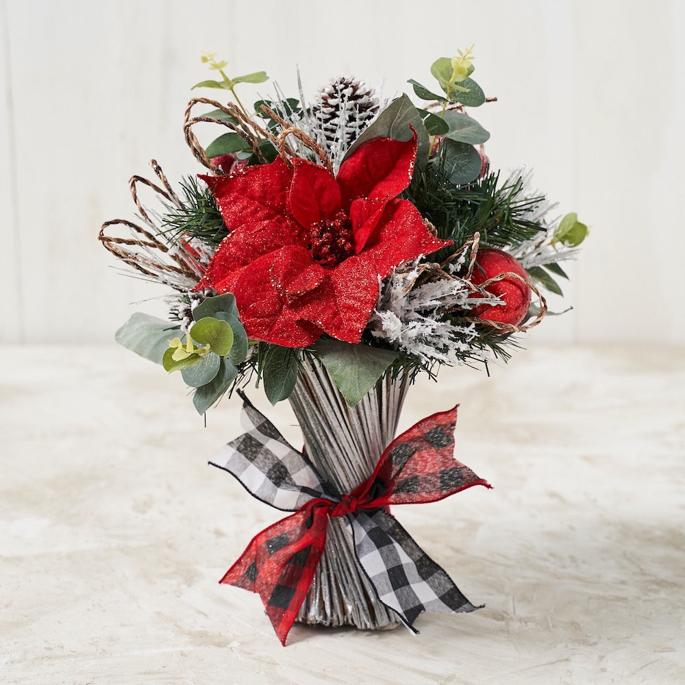 Red Poinsettia Standing Bouquet with Red/ White Buffalo Check Ribbon