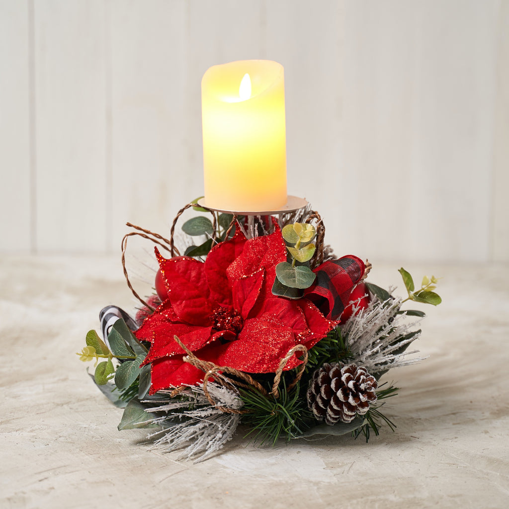 Red Poinsettia Single Spike Candle Holder with Red/ White Buffalo Check Ribbon