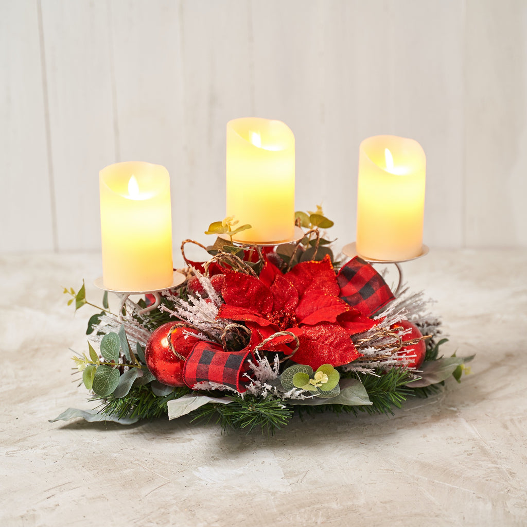 Red Poinsettia Triple Candle Holder with Red/ White Buffalo Check Ribbon