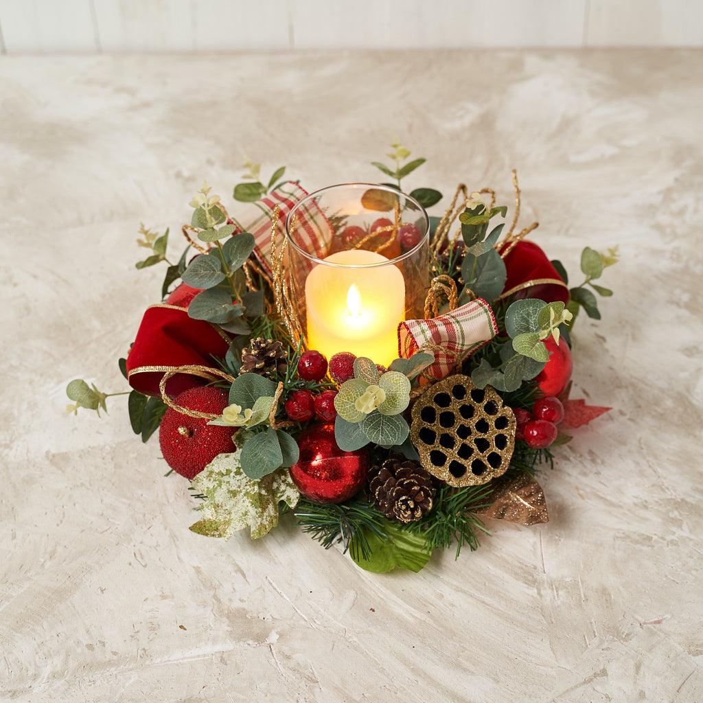 Red Plaid Lotus Pod Hurricane Candle Holder