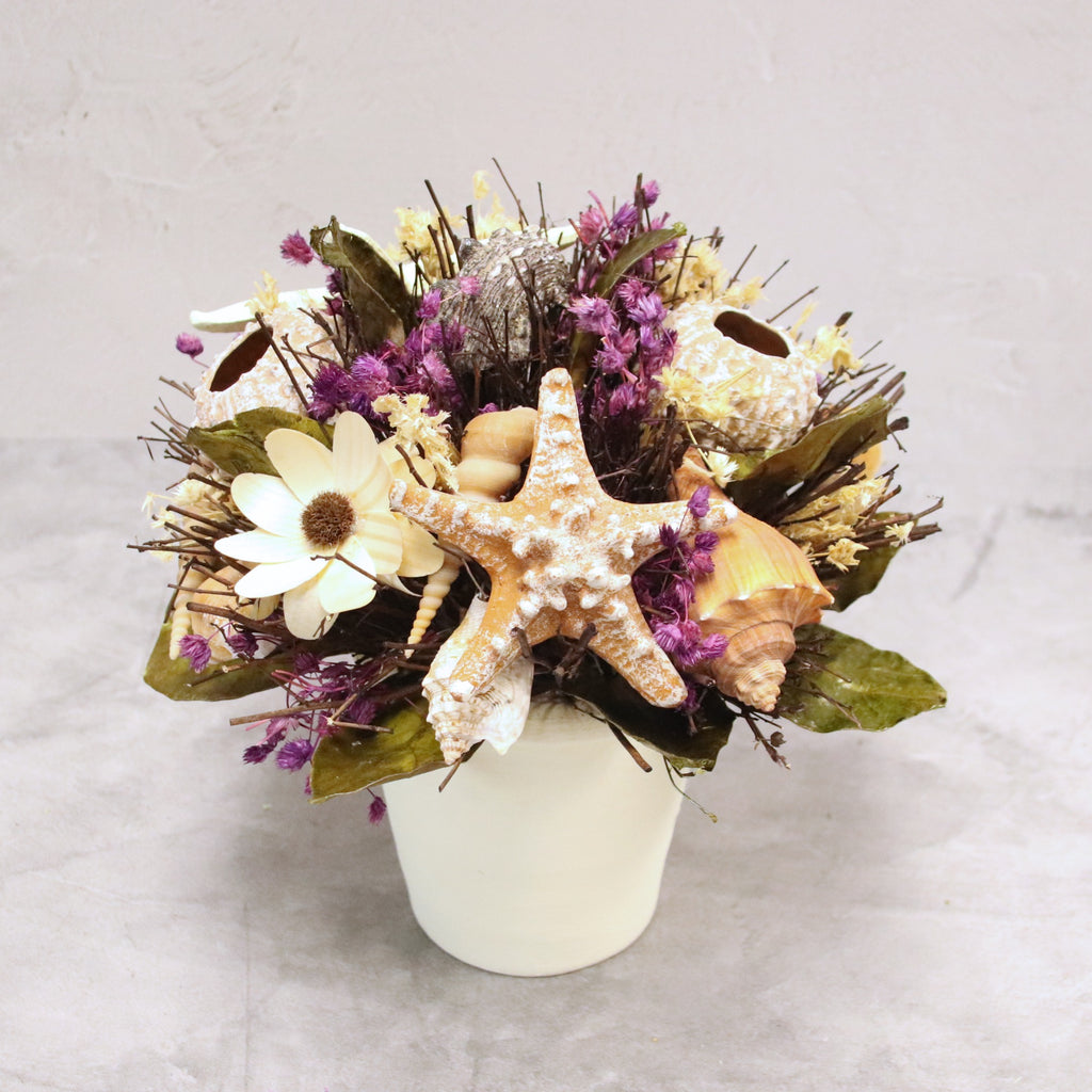 Handcrafted 10" Seashell Purple Accent Arrangement for Coastal Bliss with Seaside Splendor