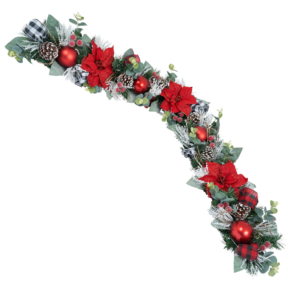 Red Poinsettia Thin Garland with Red and White Buffalo Check Ribbon