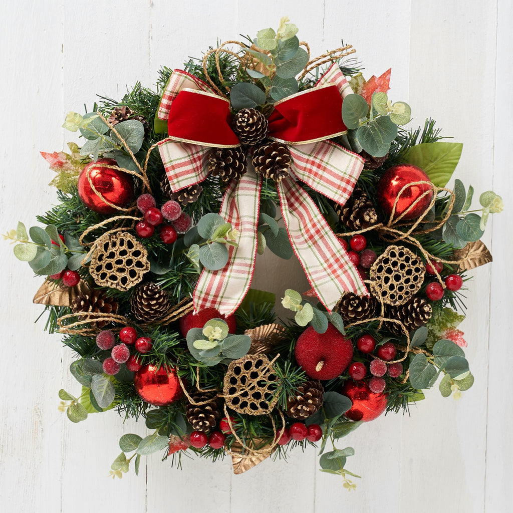 22" Red Plaid Lotus Pod Wreath