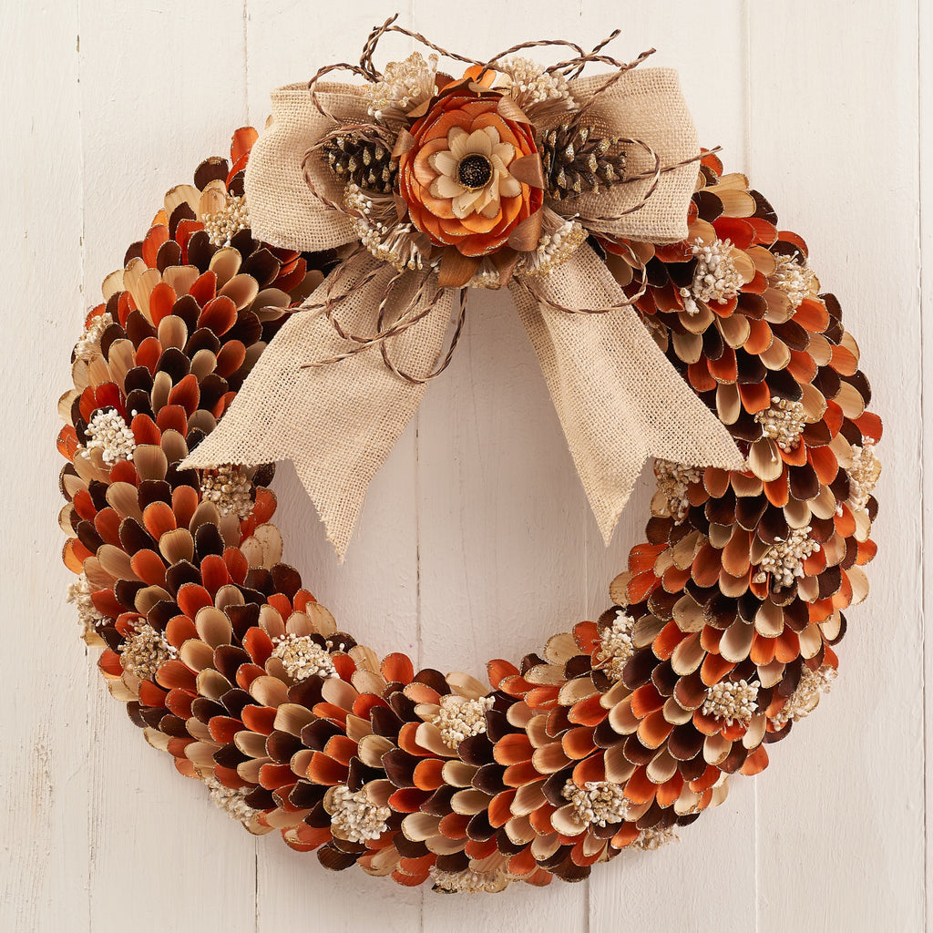 Handcrafted 21-inch Autumn Harvest Wood Curl Wreath for Thanksgiving, Front Door, Mantel, Wall and More HOLIDAY TREE