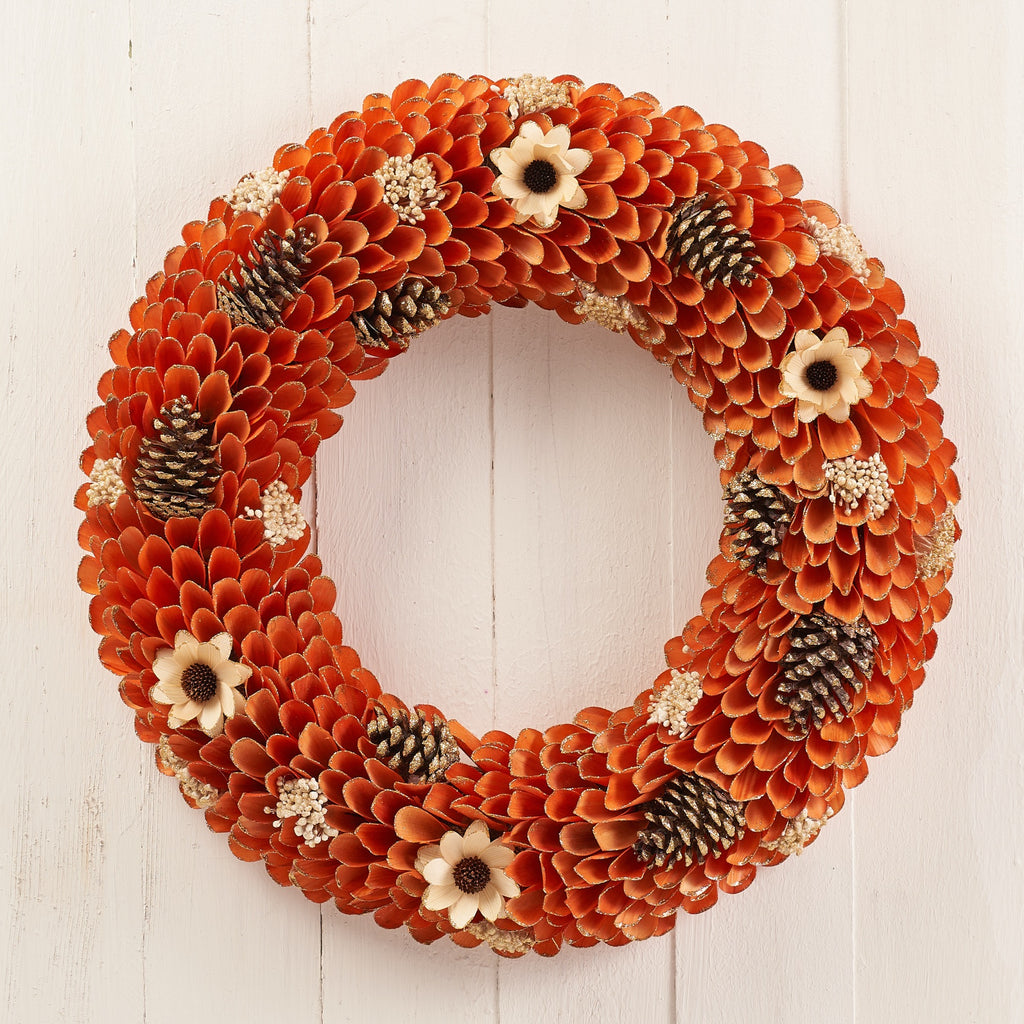 Handcrafted 21" Autumn Harvest Wood Curl Wreath with Pinecone for Thanksgiving, Front Door, Mantel, Wall and More HOLIDAY TREE