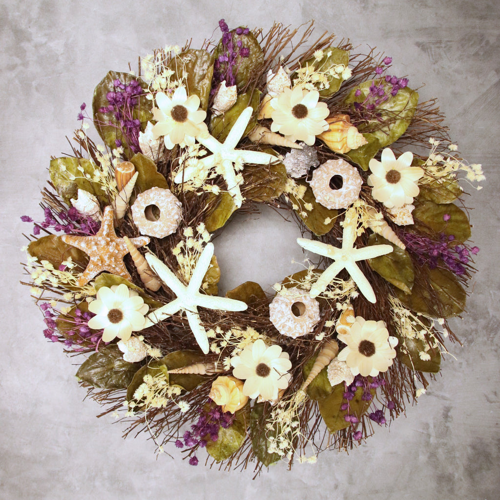 22" Seashell Purple Accent Wreath Handcrafted for Refreshing Home Decor with Coastal Serenity