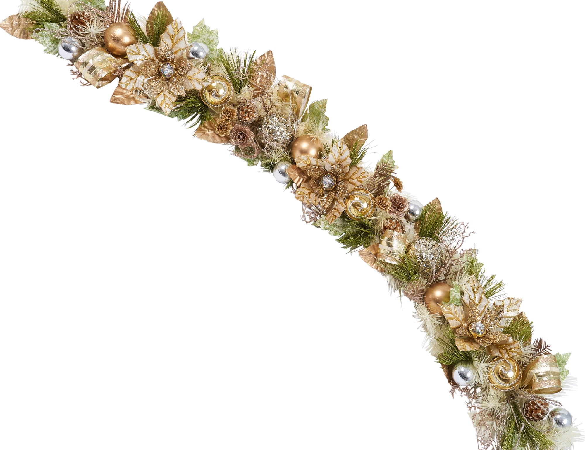 Handcrafted Champagne Gold Poinsettia Christmas Garland with glittery golden poinsettias, pinecones, mini roses, jeweled ornaments, and faux foliage.