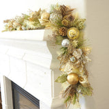 Handcrafted Champagne Gold Poinsettia Christmas Garland with glittery golden poinsettias, pinecones, mini roses, jeweled ornaments, and faux foliage.