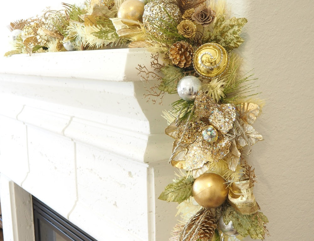 Handcrafted Champagne Gold Poinsettia Christmas Garland with glittery golden poinsettias, pinecones, mini roses, jeweled ornaments, and faux foliage.