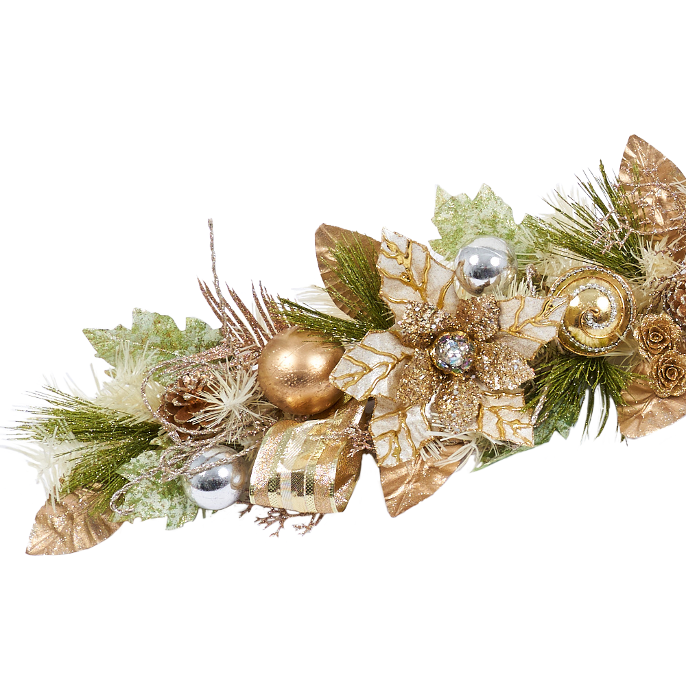 Handcrafted Champagne Gold Poinsettia Christmas Garland with glittery golden poinsettias, pinecones, mini roses, jeweled ornaments, and faux foliage.