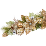 Handcrafted Champagne Gold Poinsettia Christmas Garland with glittery golden poinsettias, pinecones, mini roses, jeweled ornaments, and faux foliage.